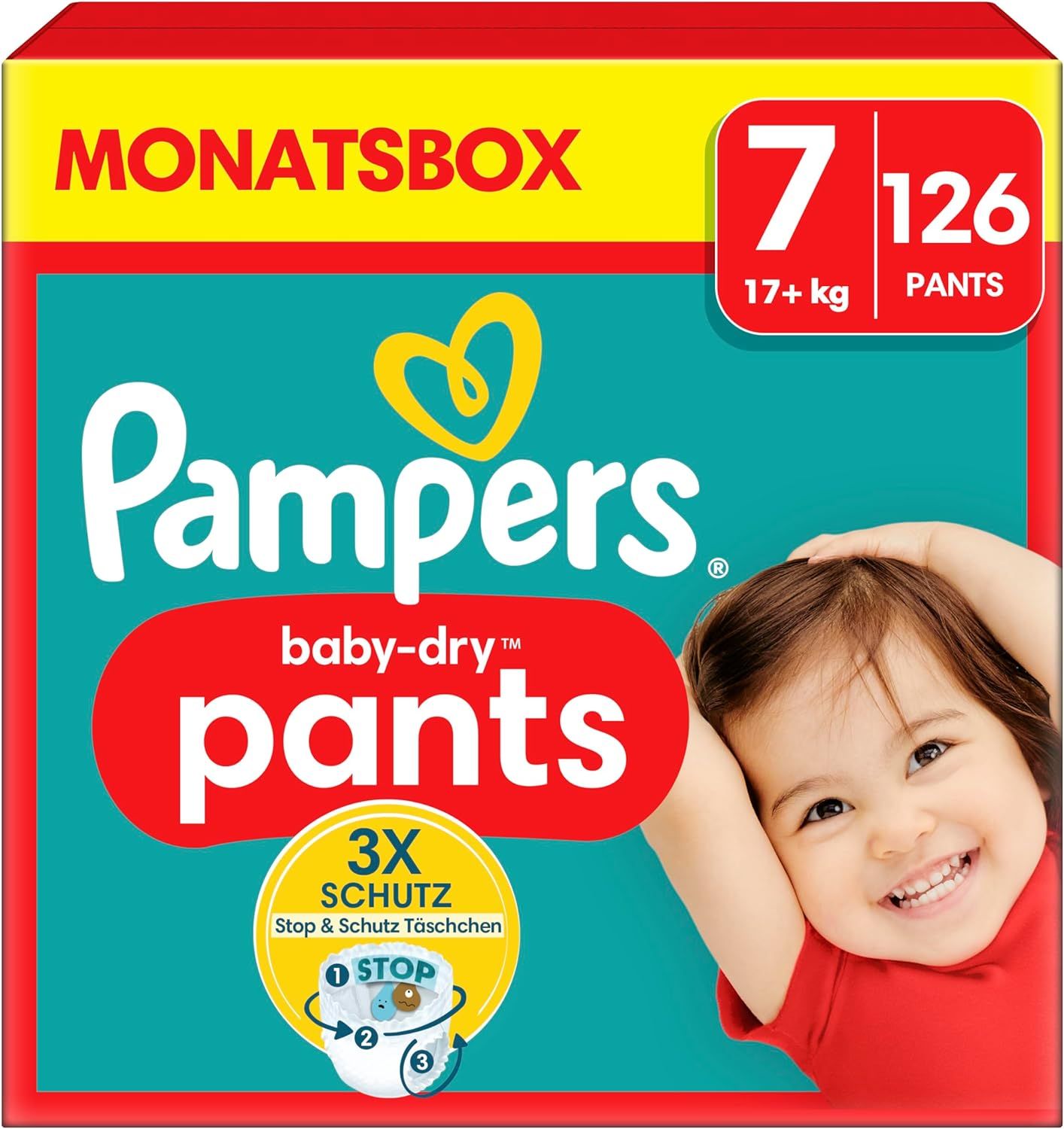 Pampers Baby-Dry Pants Größe 7 Packung. Enthält 126 Pants. Auf der Packung ist ein lächelndes Kind abgebildet.
