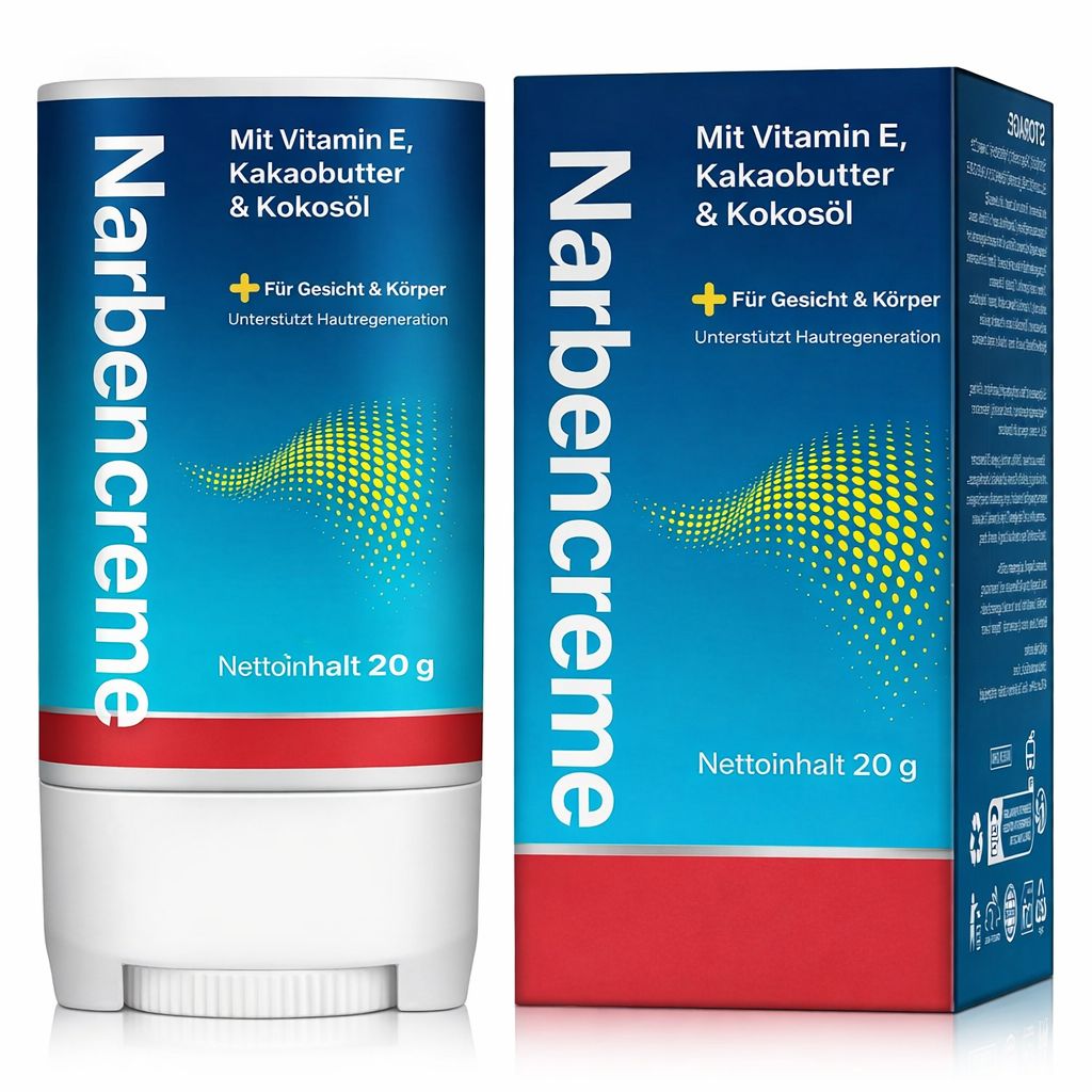 Produktverpackung: "Narbencrème"-Stift und Schachtel. Enthält Vitamin E, Kakaobutter & Kokosöl. Für Gesicht & Körper. Nettoinhalt 20 g.