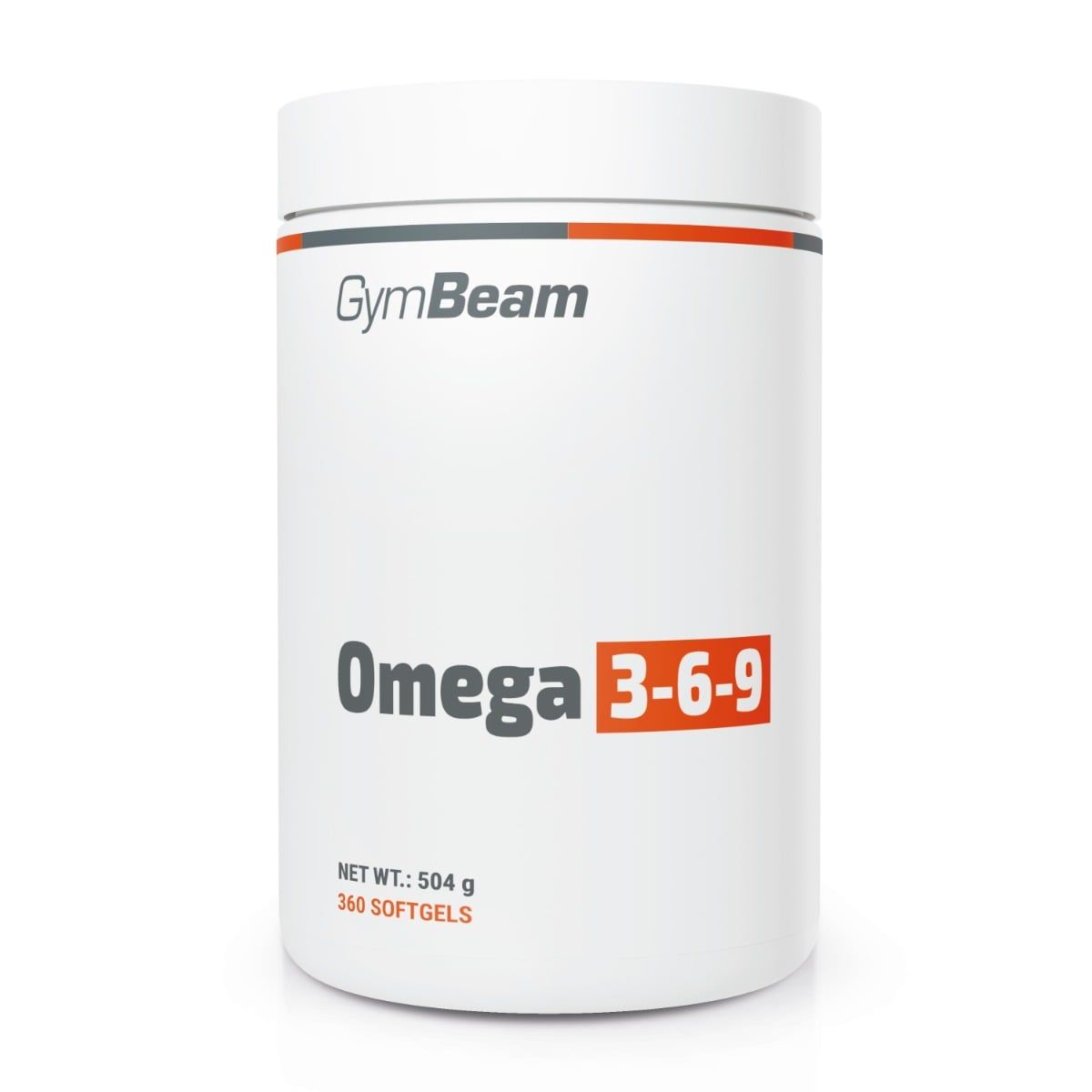 Weiße Dose mit GymBeam Logo, Aufschrift "Omega 3-6-9", 504g, 360 Softgels.