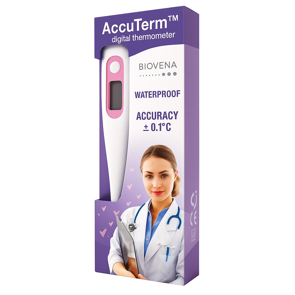 Digitales Fieberthermometer in Verpackung. Weiß mit rosa Akzenten. Anzeige: Wasserdicht, Genauigkeit ± 0,1°C. Abgebildet: Ärztin.