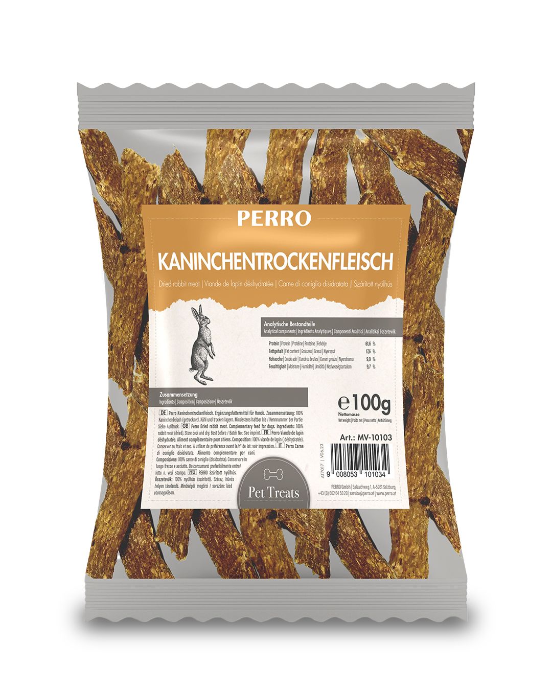 Beutel mit PERRO Kaninchentrockenfleisch. Aufdruck mit Produktname, Kaninchen-Illustration und Nährwertangaben. 100g Packung.