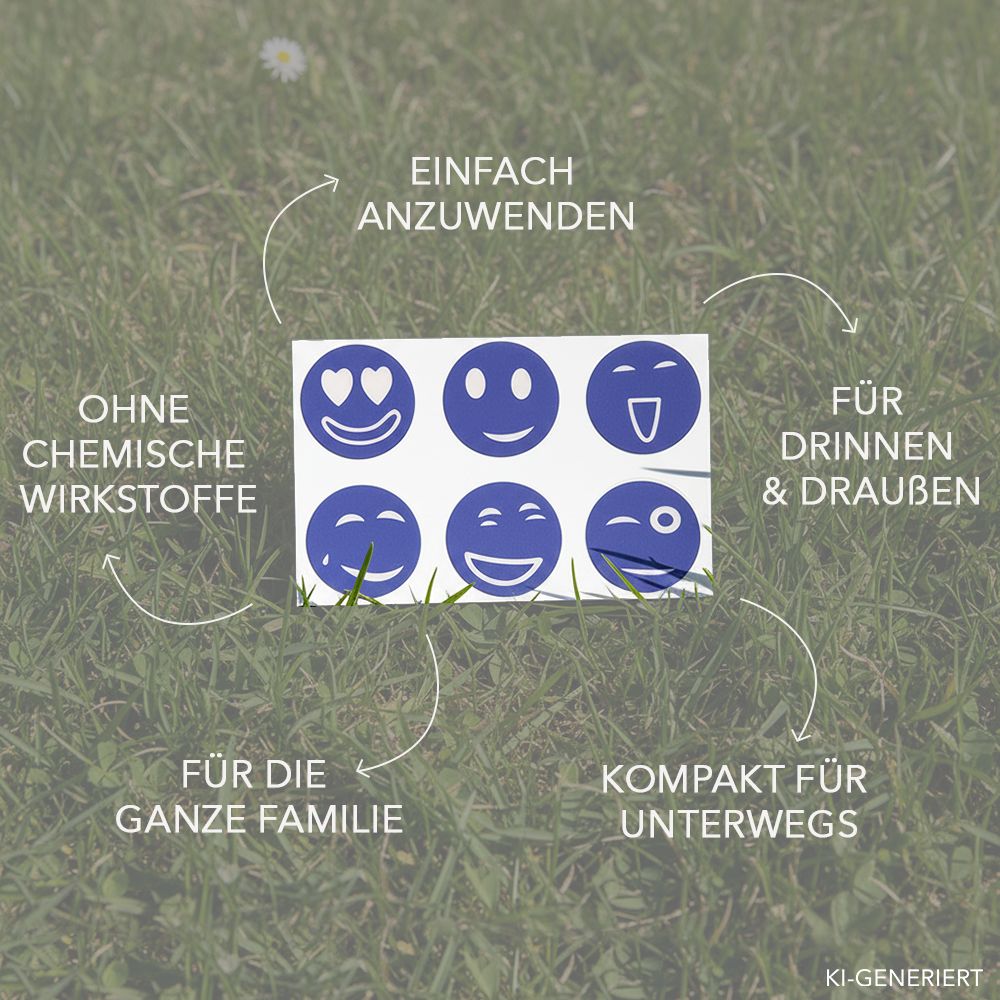 Sechs runde Mückenpflaster mit Smiley-Motiven auf einer Wiese.