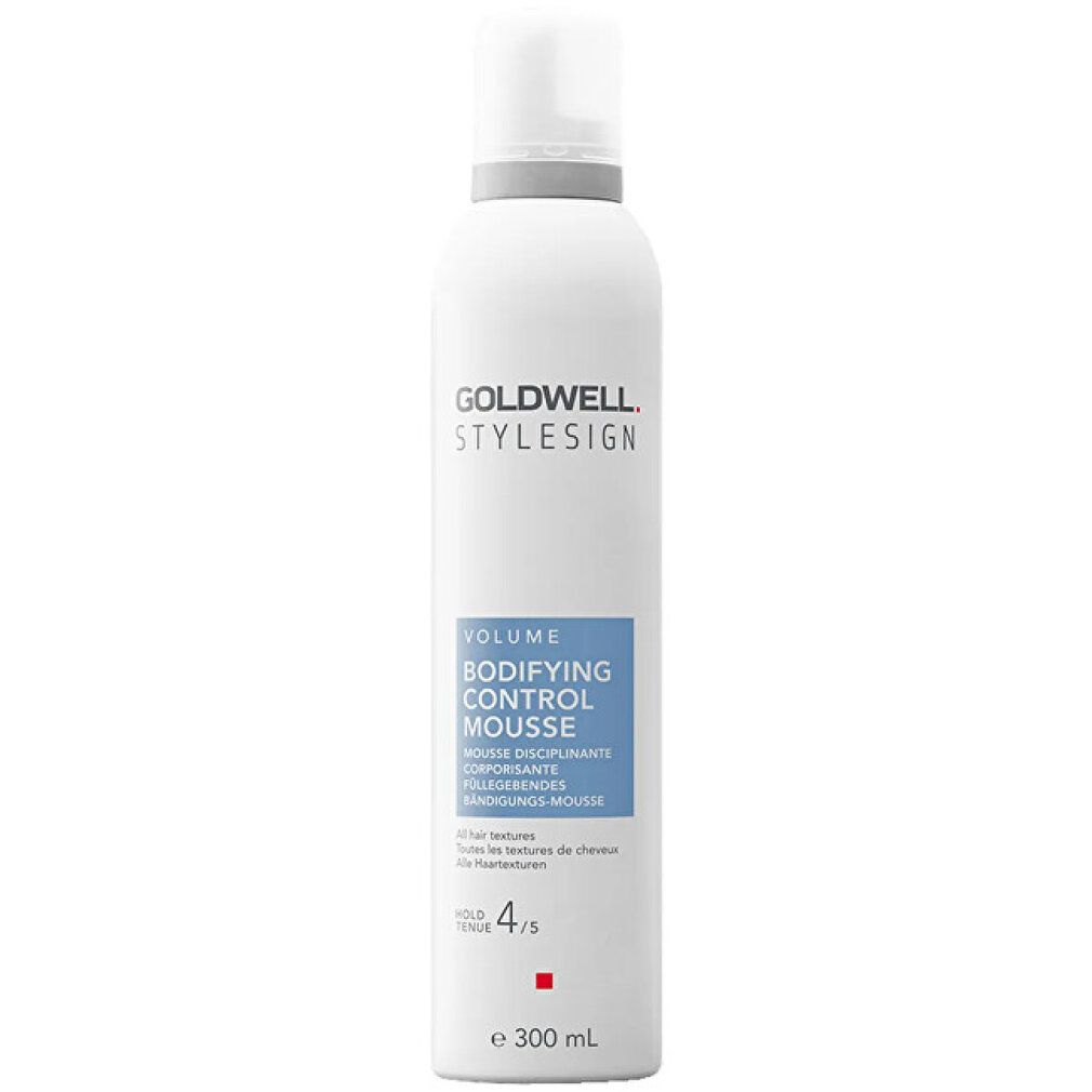 Weißes Aerosol mit Goldwell Stylesign Volumen Bodifying Control Mousse. Blaue Textfelder mit Produktinformationen. 300 ml.