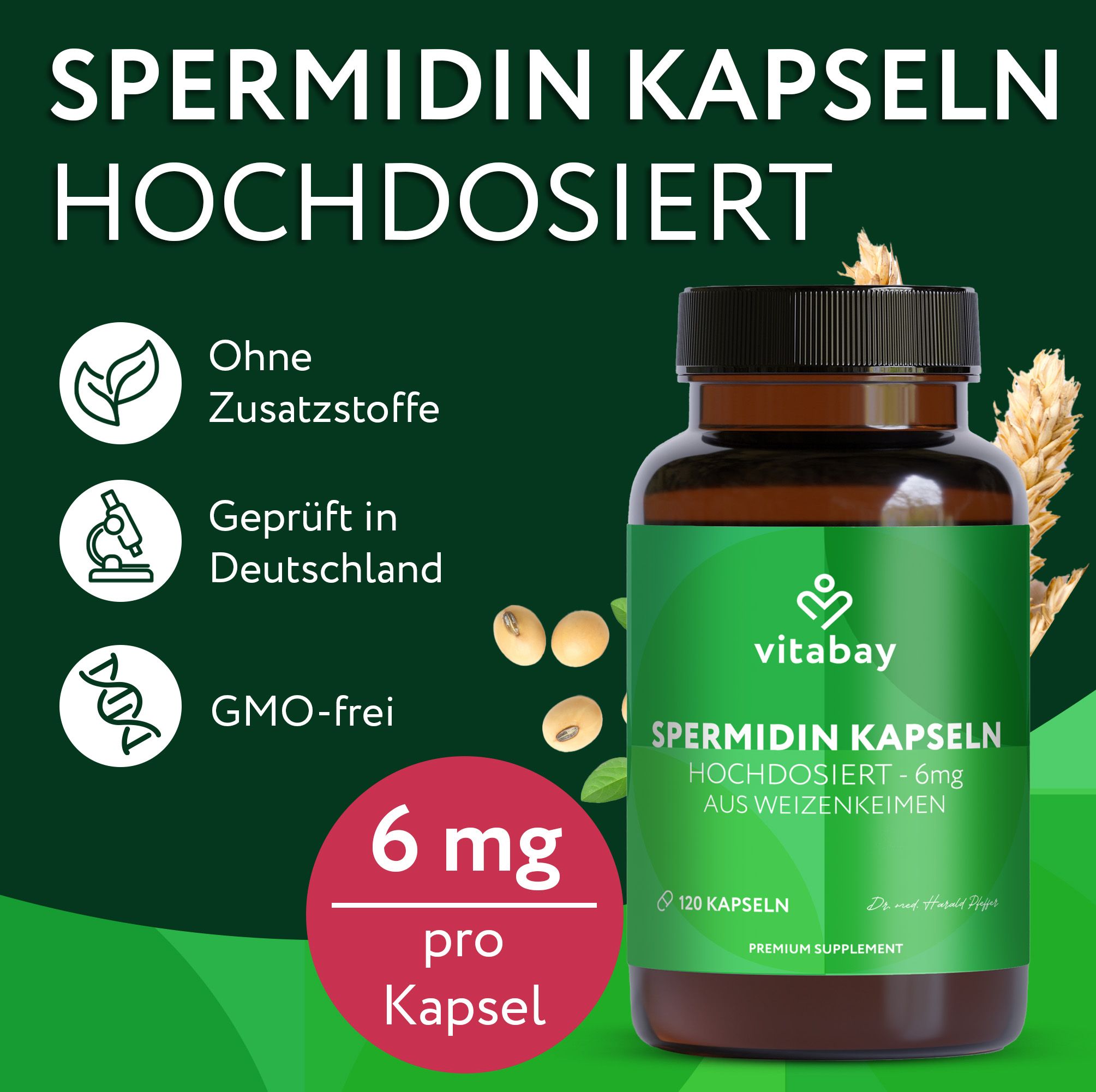 Eine Flasche mit grüner Beschriftung. Text: Spermidin Kapseln hochdosiert - 6 mg aus Weizenkeimen. 120 Kapseln. 6 mg pro Kapsel.