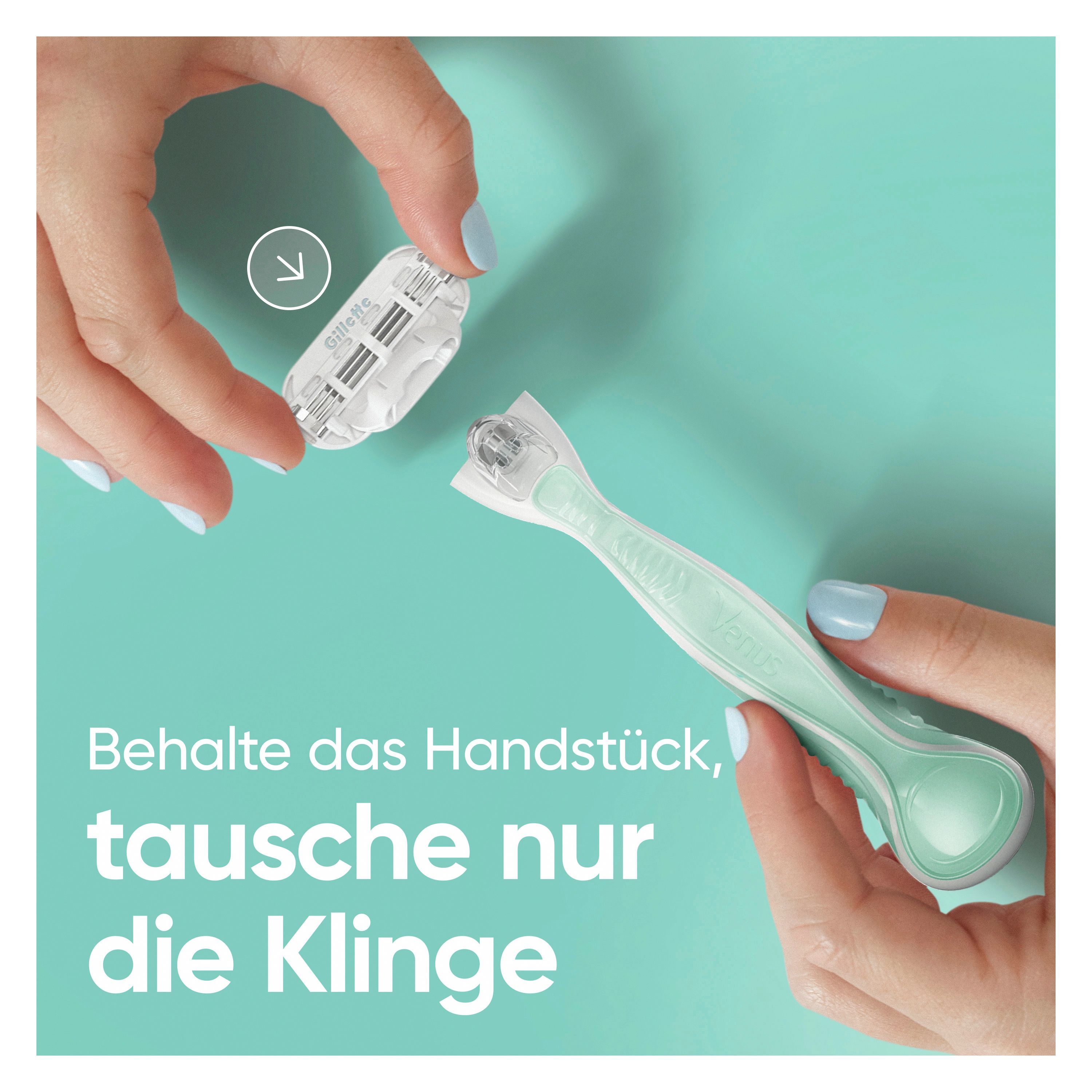 Hände tauschen Rasierkopf. Rasierer mit grünem Griff und weißem Rasierkopf. Text: Behalte das Handstück, tausche nur die Klinge.