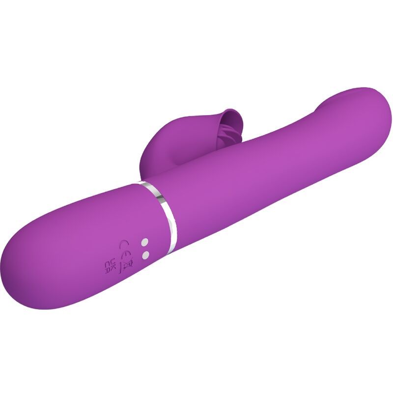 Lila Kaninchen-Vibrator, seitliche Ansicht, mit silbernem Ring.