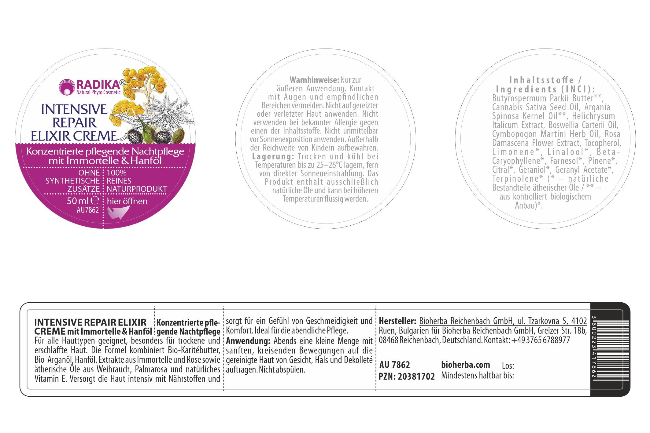 Etikett mit Produktbezeichnung und Inhaltsstoffen. Text: Intensive Repair Elixir Creme mit Immortelle & Hanf. 50ml. Herstellerinformationen.