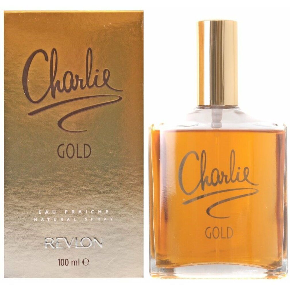 Goldfarbenes Eau Fraîche von Revlon. Flakon mit goldfarbenem Verschluss und Schriftzug Charlie Gold. Karton mit Schriftzug und 100 ml.