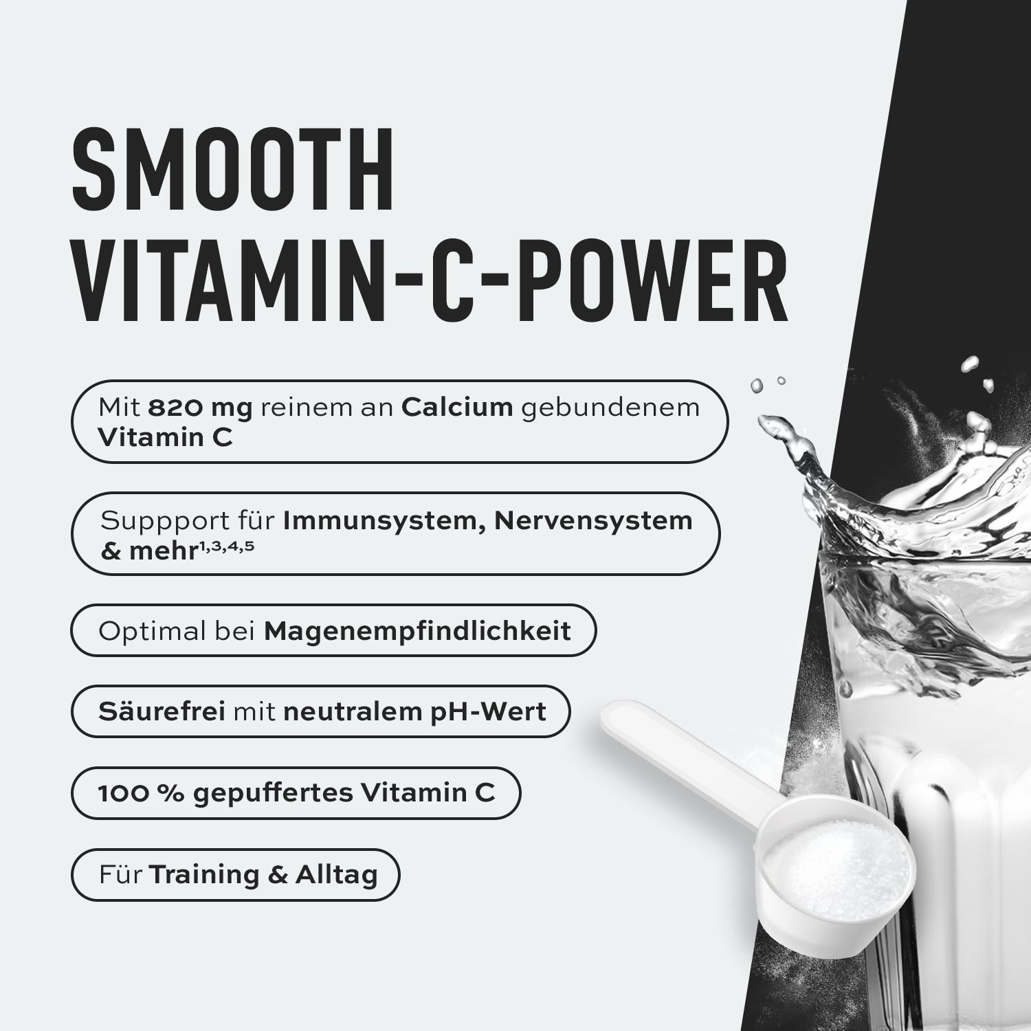 Text: SMOOTH VITAMIN-C-POWER. Inhaltsstoffe und Vorteile. Löffel mit Pulver in Wasser. Weißer Hintergrund.