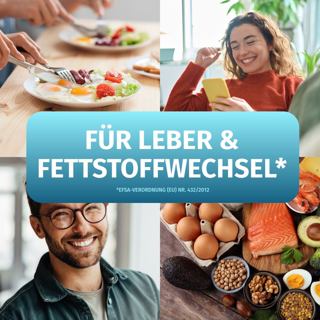 Collage: Essen, Lachen, Mann, Lebensmittel. Text: Für Leber & Fettstoffwechsel.