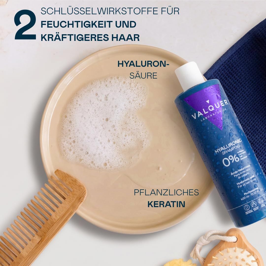 Valquer Hyaluron Shampoo 400ml Flasche mit Hyaluronsäure und pflanzlichem Keratin.
