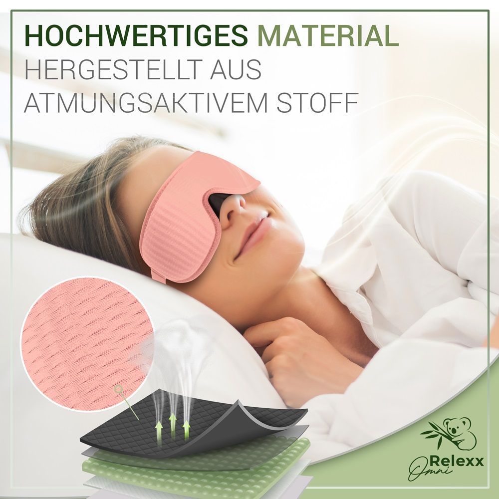 Frau mit rosa Schlafmaske. Hochwertiges, atmungsaktives Material. Marke Relexx Omni.