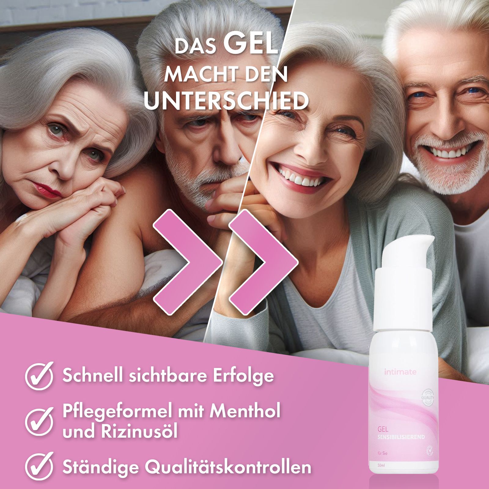 Produktflasche mit Pumpkopf. Aufschrift: Intimate, Gel sensibilisierendes. Rosa Design. Text: Das Gel macht den Unterschied.