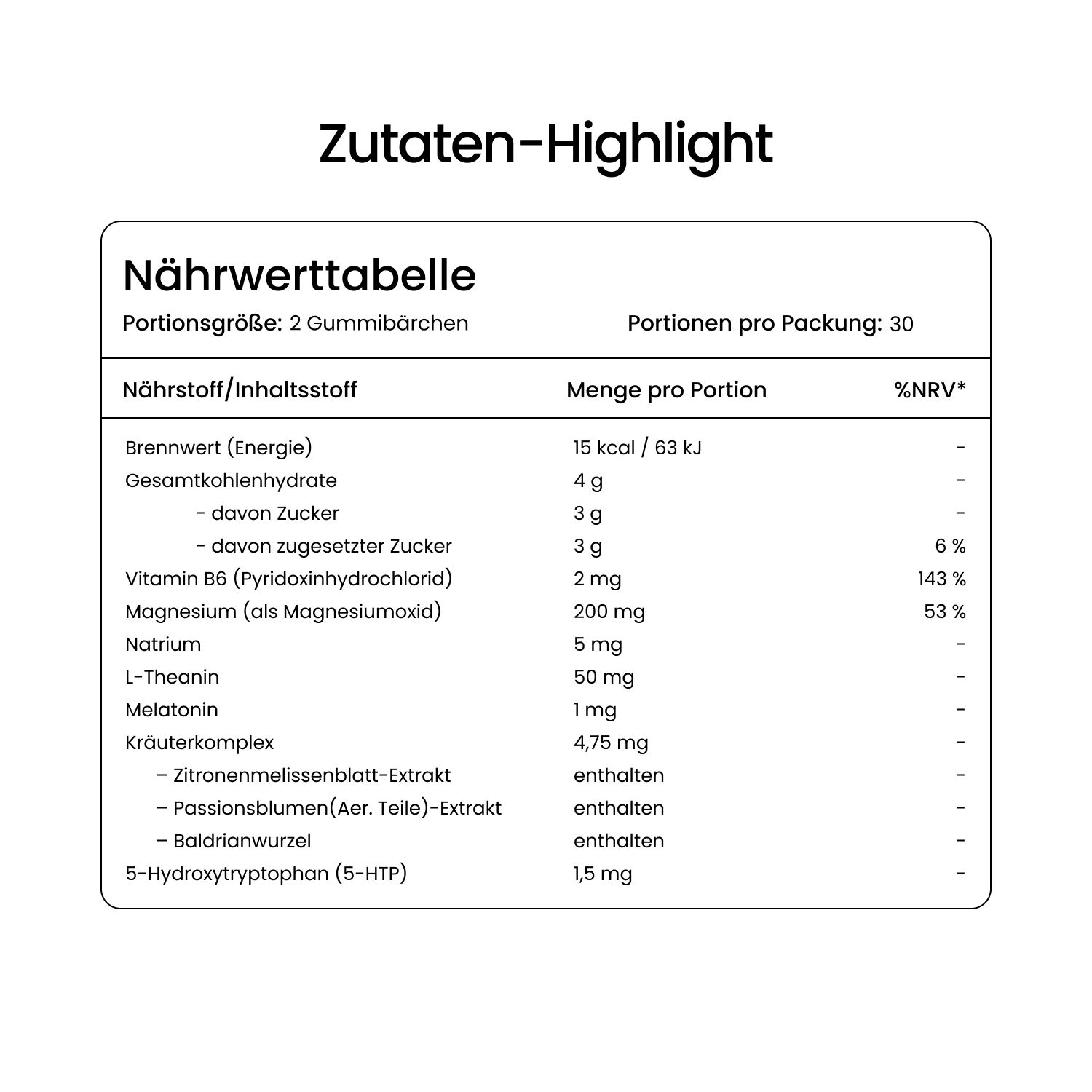 Nährwerttabelle. Portion: 2 Gummibärchen. Enthält: Energie, Zucker, Vitamin B6, Magnesium, Natrium, L-Theanin, Melatonin, Kräuterkomplex.