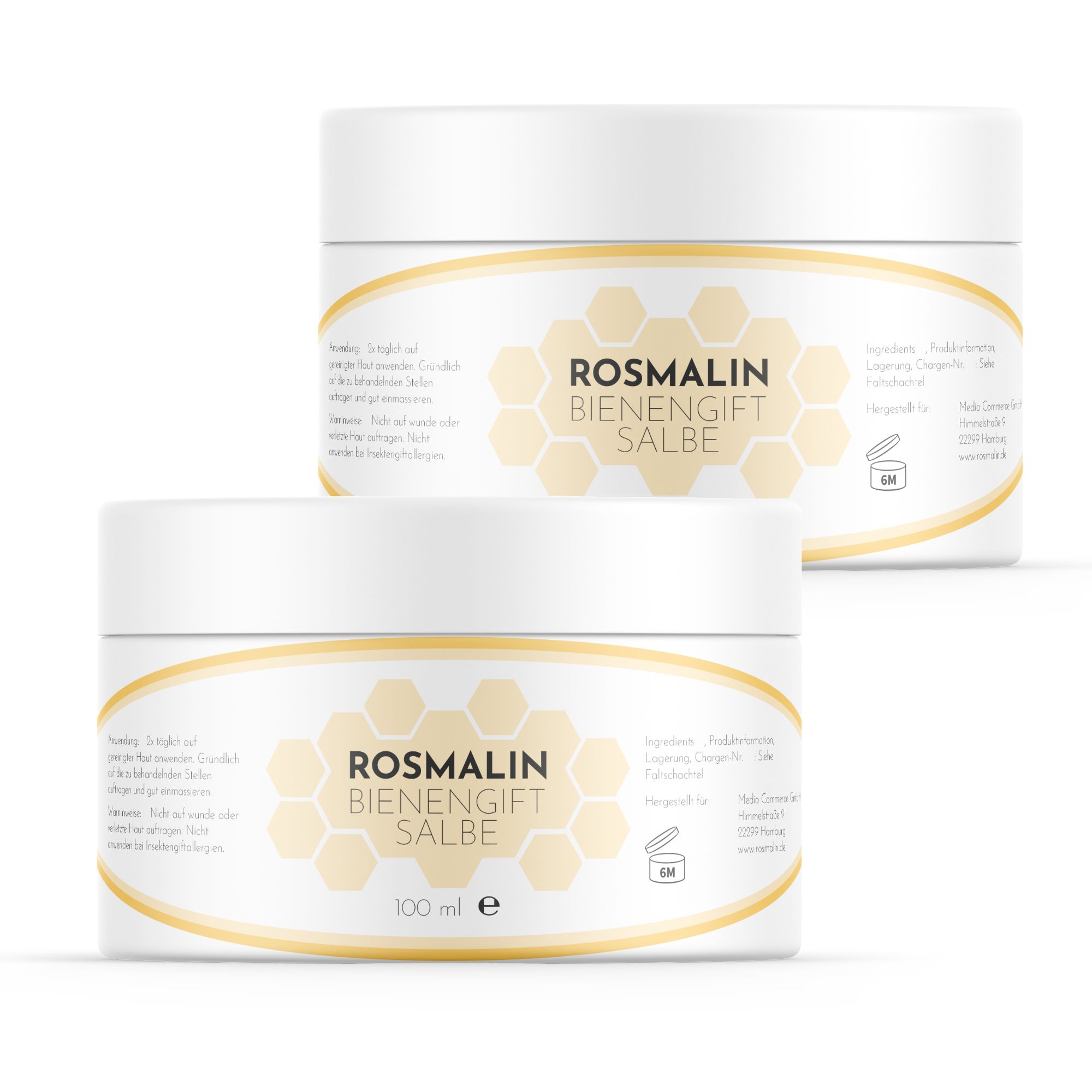 Zwei weiße Tiegel mit gelben Etiketten. Aufschrift: Rosmalin Bienengiftsalbe. Honigwaben-Design. 100 ml.