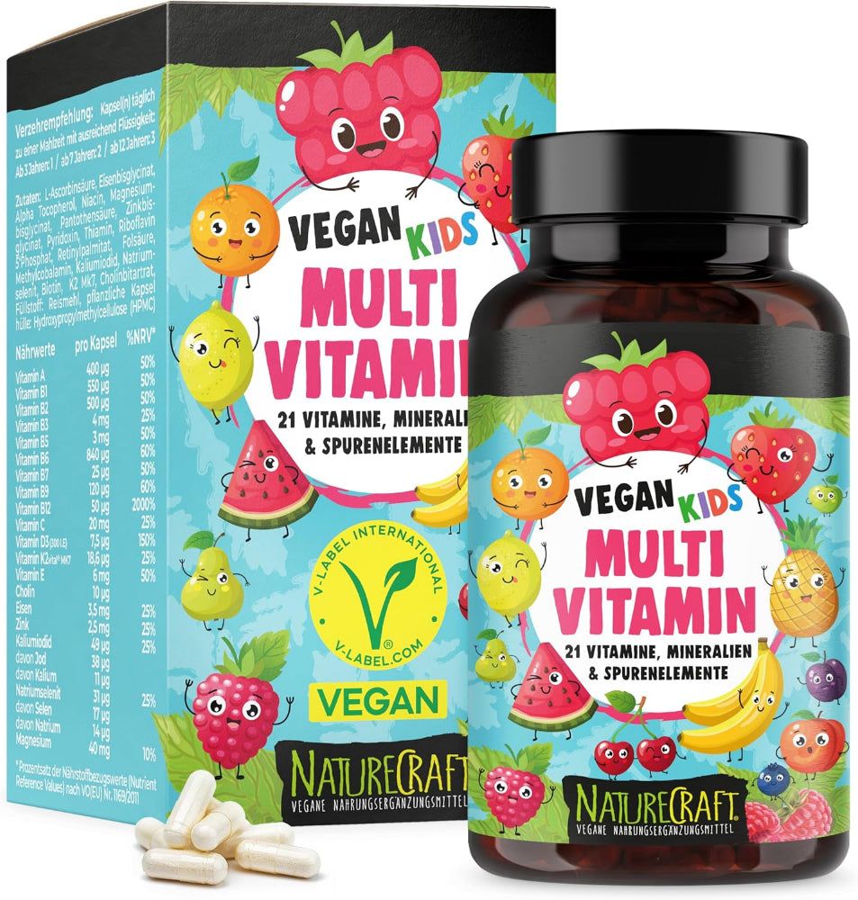 Produktverpackung mit Flasche und Schachtel. Flasche: Vegan Kids Multi Vitamin. Schachtel: Inhaltsstoffe, Nährwerte. Vegan-Label.