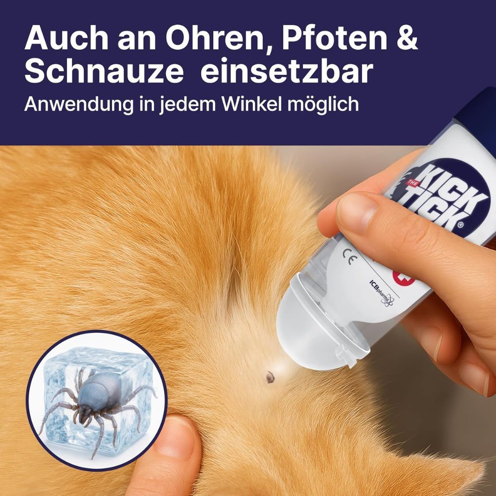 Anwendung des Sprays an einer Katze. Zecke auf dem Fell. Logo Kick the Tick. Text: Auch an Ohren, Pfoten & Schnauze einsetzbar.