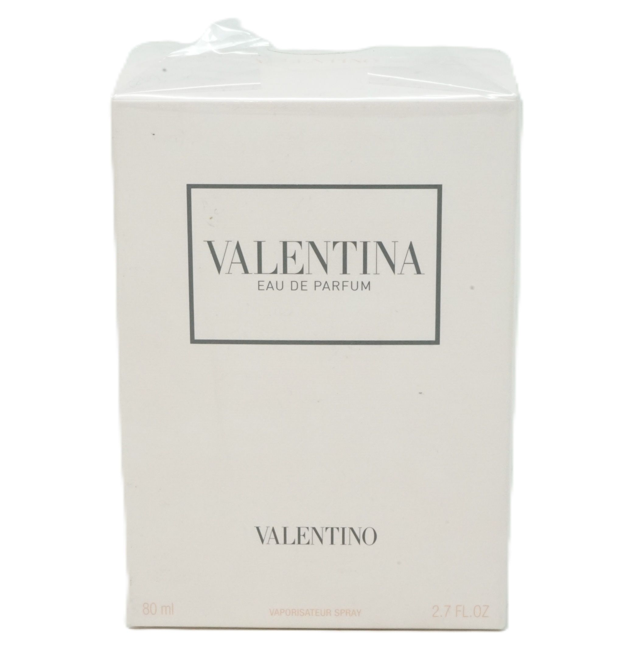 Weiße Verpackung mit schwarzem Schriftzug VALENTINA EAU DE PARFUM. Darunter VALENTINO. Unten links: 80 ml. Rechts: 2.7 FL.OZ.