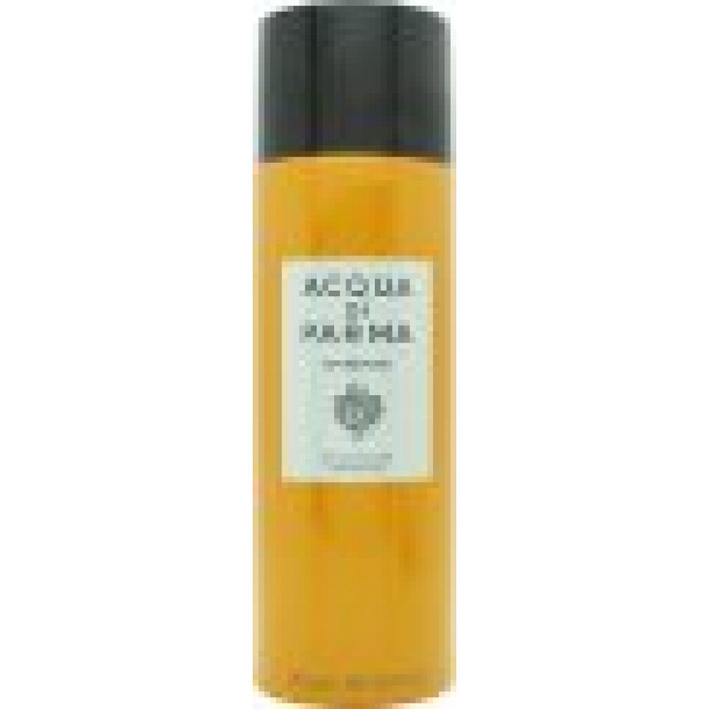 Gel-Rasierer-Flasche, gelb, schwarzer Deckel. "Acqua di Parma"-Logo und Text auf weißem Etikett.