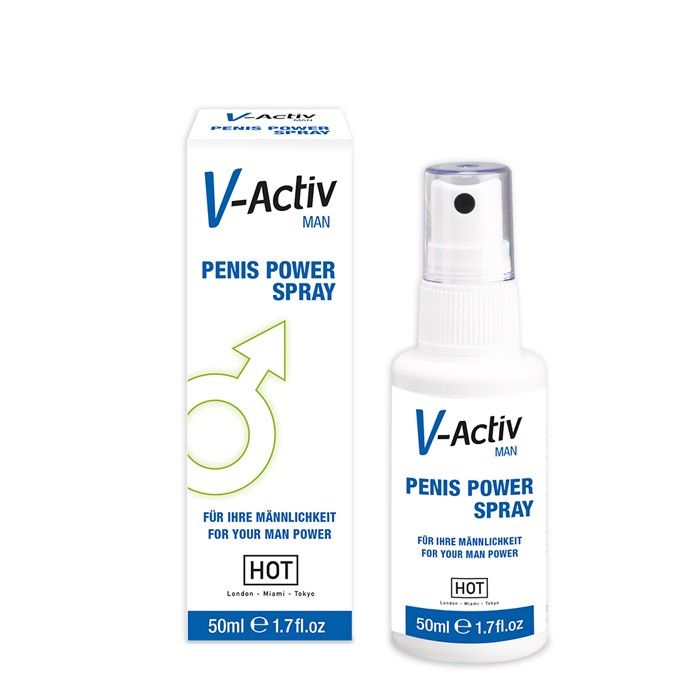 Produktverpackung und Sprühflasche. Aufschrift: V-Activ MAN, Penis Power Spray. 50ml e 1.7 fl.oz.
