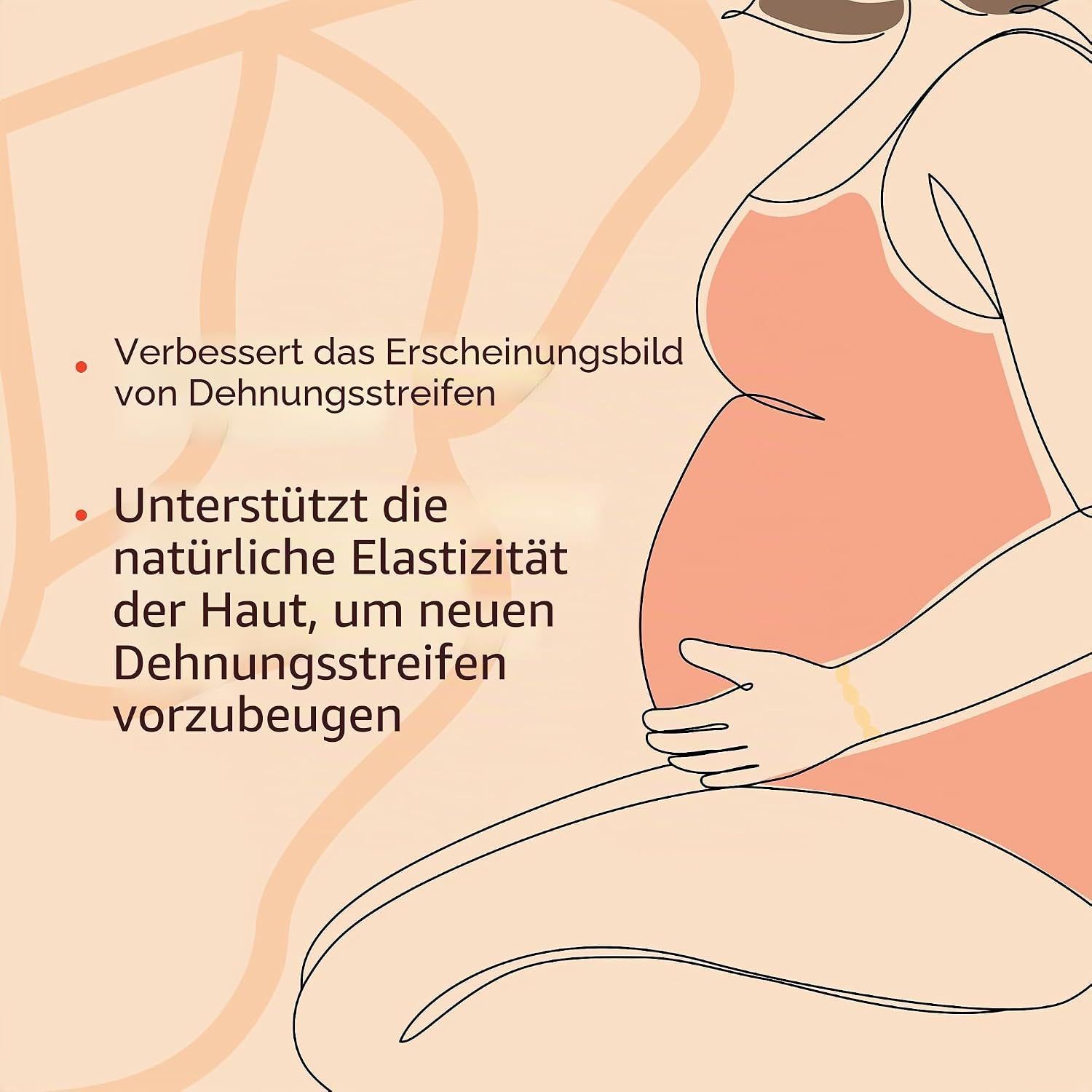 Illustration einer schwangeren Frau mit Text über Hautelastizität und Dehnungsstreifen.