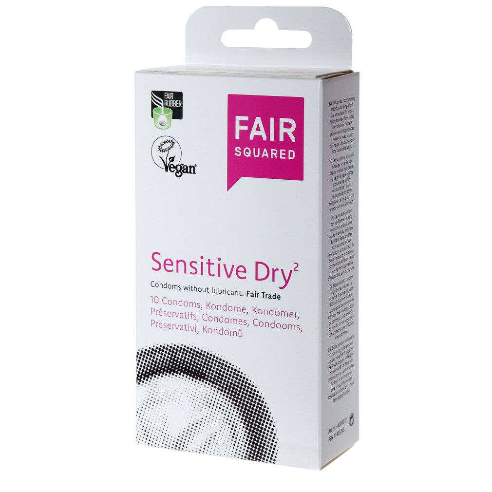Karton mit Produktaufdruck. FAIR SQUARED Logo und Schriftzug "Sensitive Dry". Vegan-Siegel. Enthält 10 Kondome.
