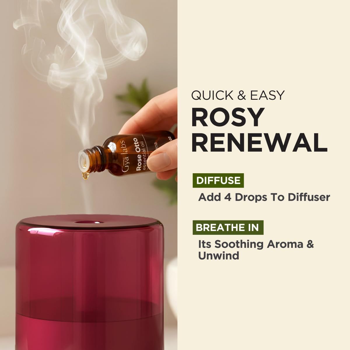 Hand tropft Öl in Diffusor. Text: Quick & Easy Rosy Renewal. Diffundieren: 4 Tropfen in den Diffusor. Atmen Sie ein.