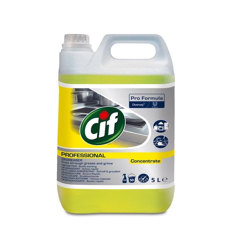 Cif Professional Fettlöser Konzentrat, 5L Kanister mit Griff. Gelbe Flüssigkeit, Pro Formula. Für Küchenoberflächen.