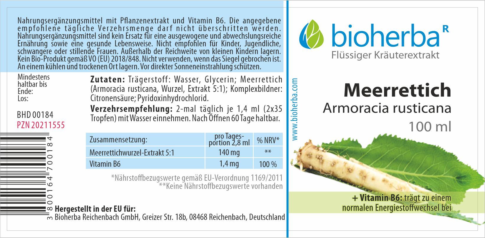 Etikett mit Produktinformationen. Bioherba Meerrettich Tinktur Extrakt, Zutaten, Nährwertangaben, und Verzehrempfehlung. 100 ml Flasche.