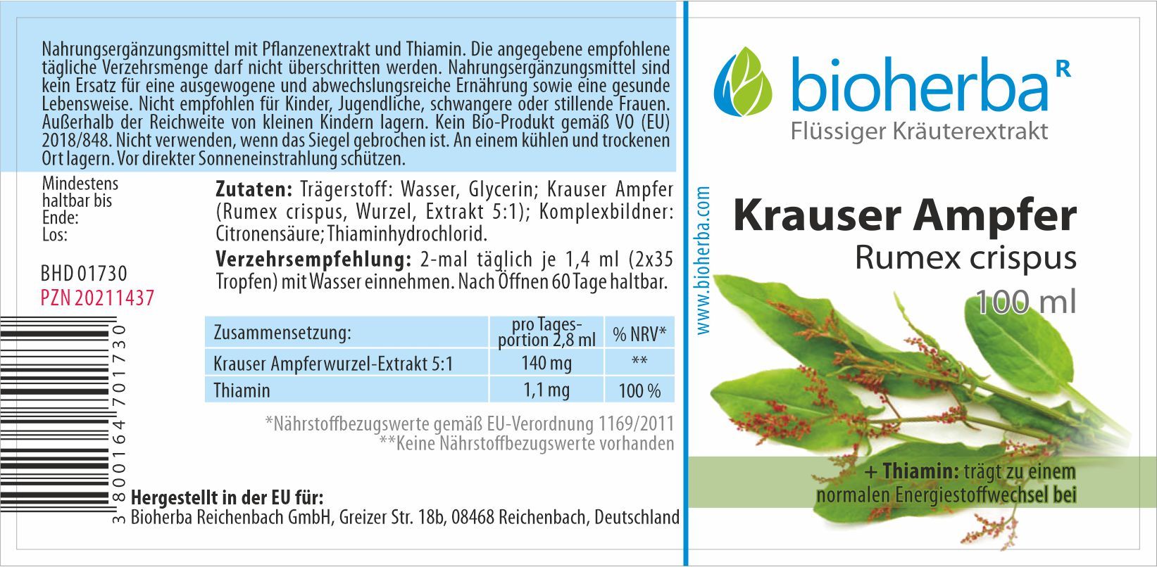 Braune Glasflasche mit schwarzem Deckel. Etikett mit Produktname, Kräuterabbildung und Text. Marke: bioherba. 100 ml.