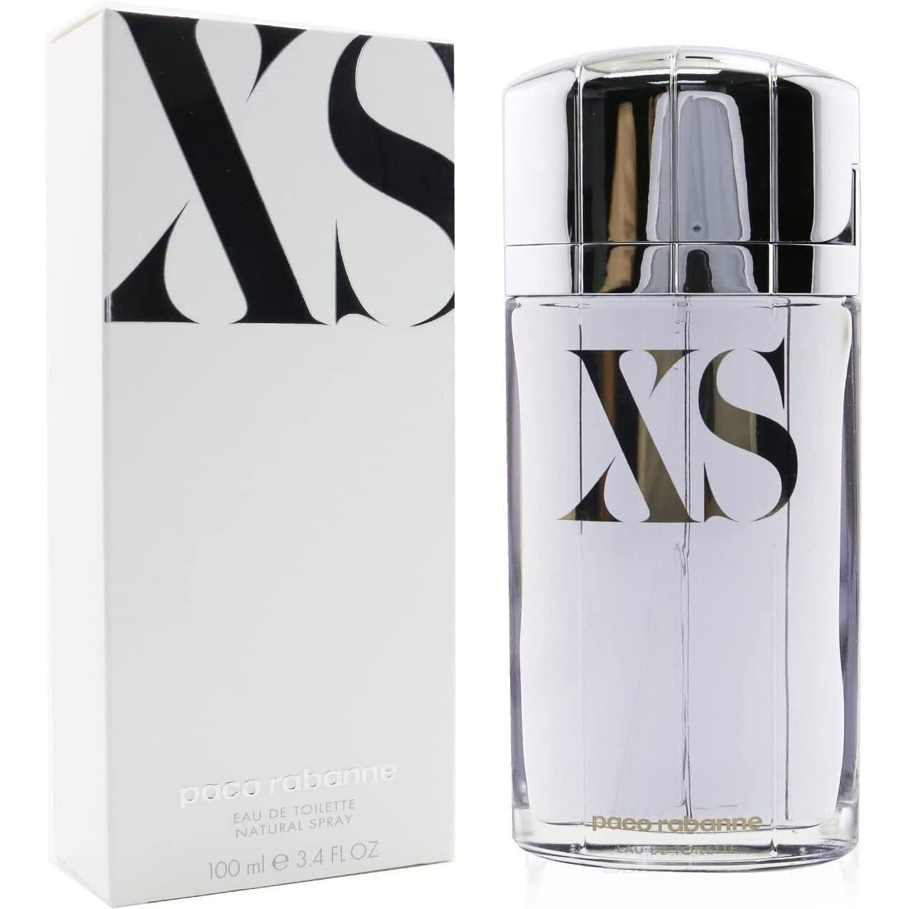 Flakon mit silbernem Deckel und weißer Verpackung. Aufschrift XS und Paco Rabanne. Eau de Toilette.