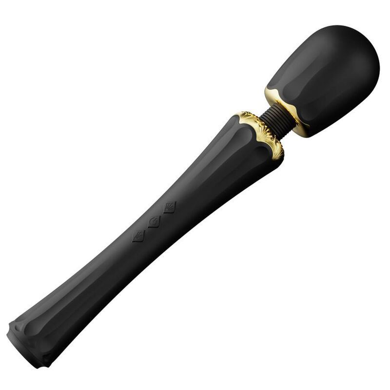 Schwarzer Stabvibrator mit geriffeltem Griff und goldener Halskrause.