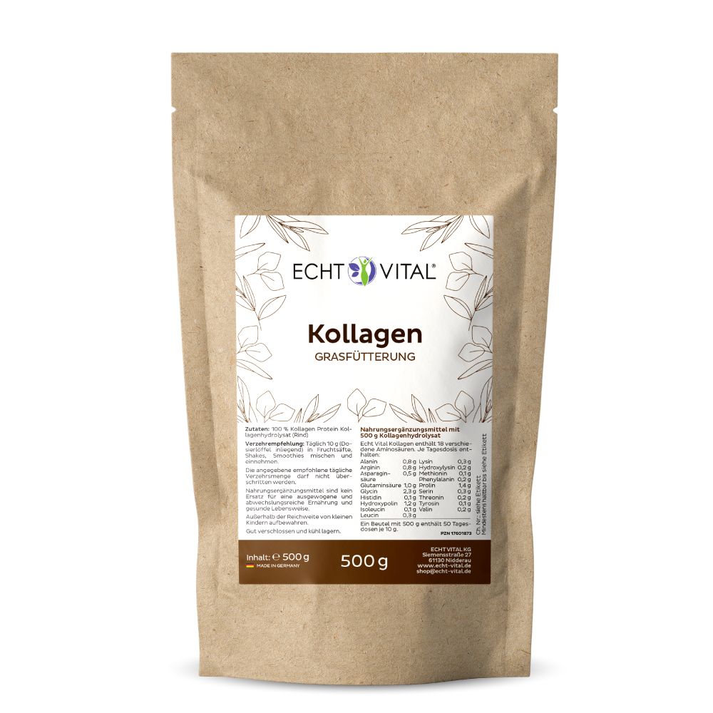 Beutel mit Produktaufdruck. Aufschrift: Echt Vital Kollagen. 500g Packung. Braune Papierverpackung mit floralem Design und Text.