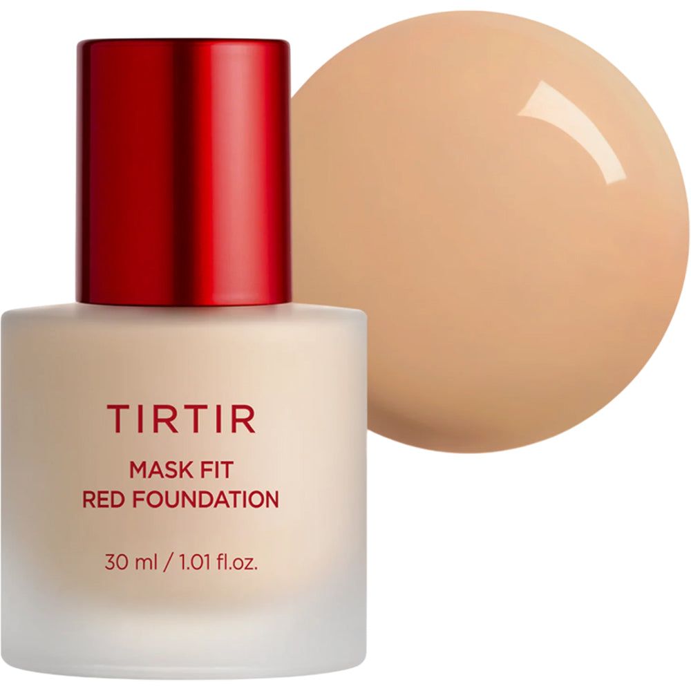 TIRTIR Mask Fit Red Foundation Flasche mit rotem Deckel. Text: "MASK FIT RED FOUNDATION" und "30 ml / 1.01 fl.oz". Daneben ein Klecks Foundation.