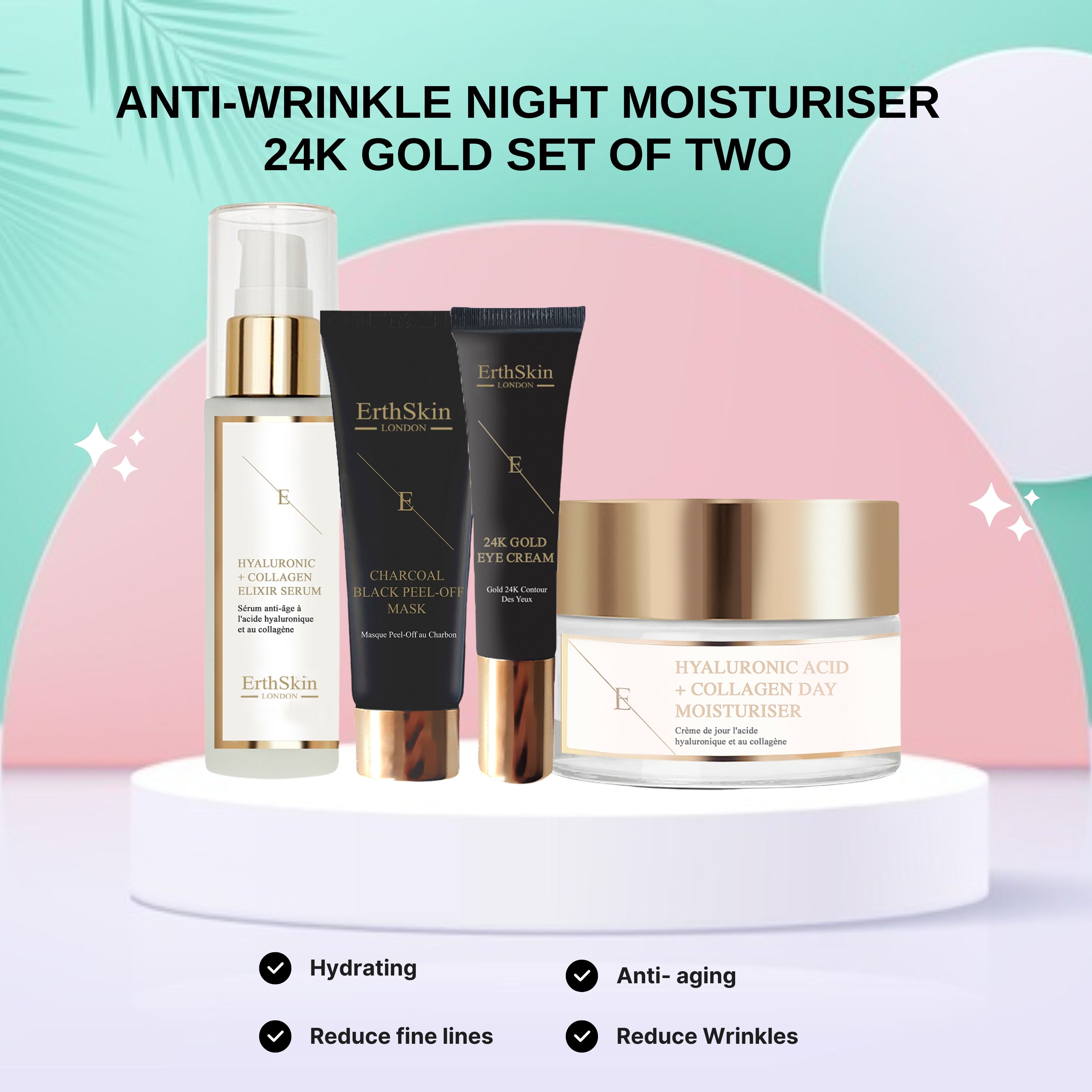 Kosmetik-Set mit Serum, Maske, Augencreme und Tagescreme. Schwarze und goldene Verpackungen. Text: ErthSkin London. Auf Podest.