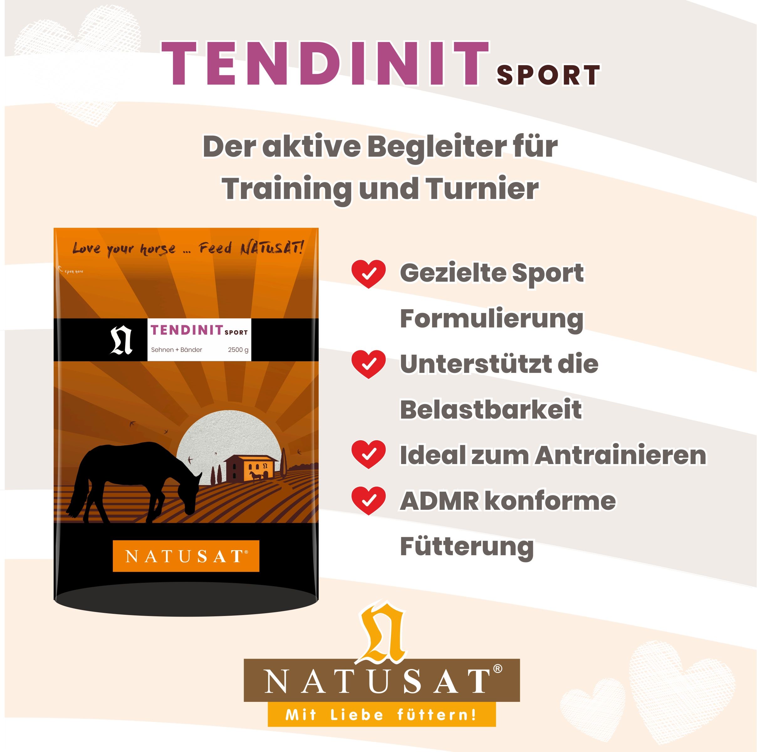 Natusat Tendinit Sport Futterbeutel neben einer Liste von Vorteilen für Pferde.