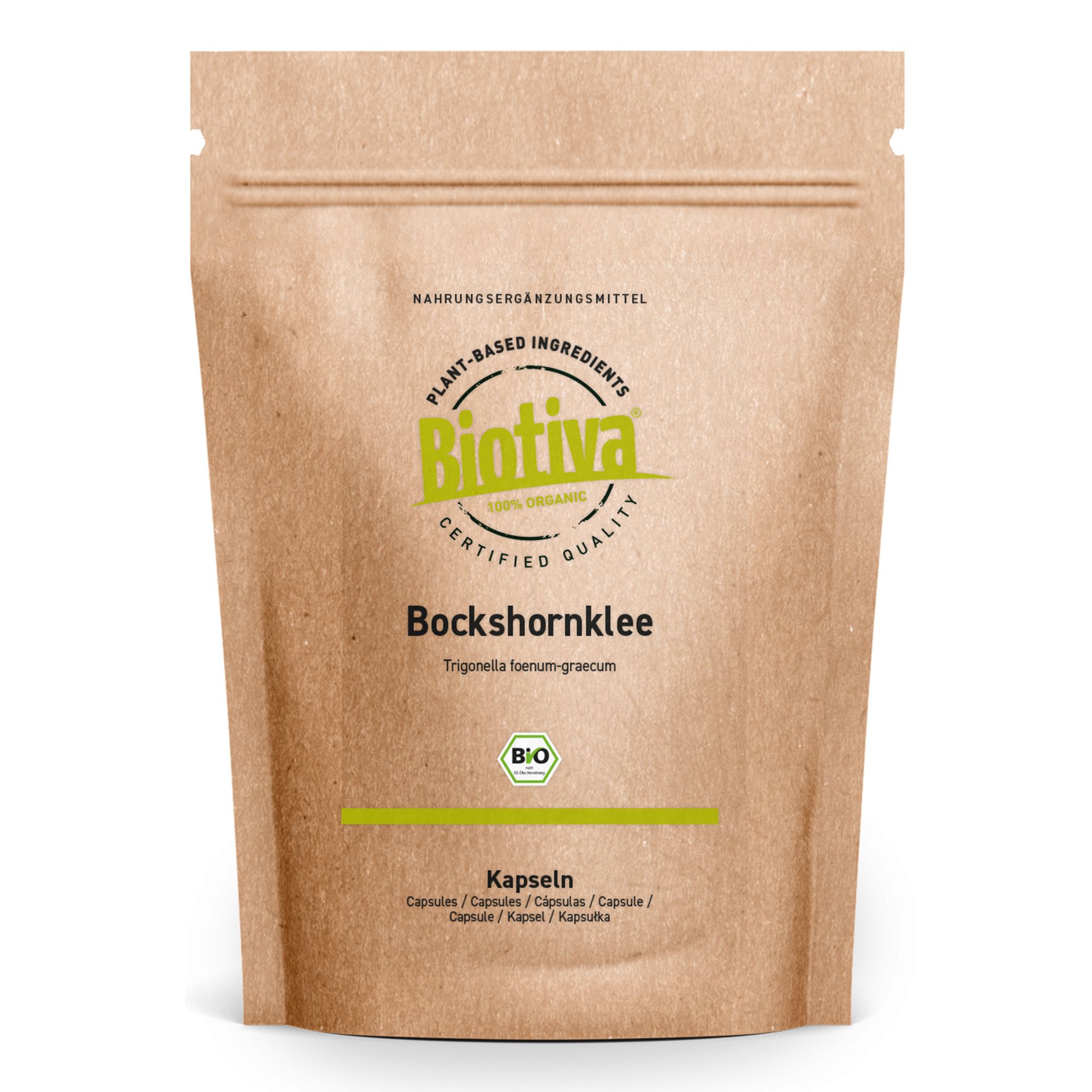Braune Papierverpackung mit Produktinformationen. Text: Biotiva, Bockshornklee, Kapseln. Bio-Siegel.