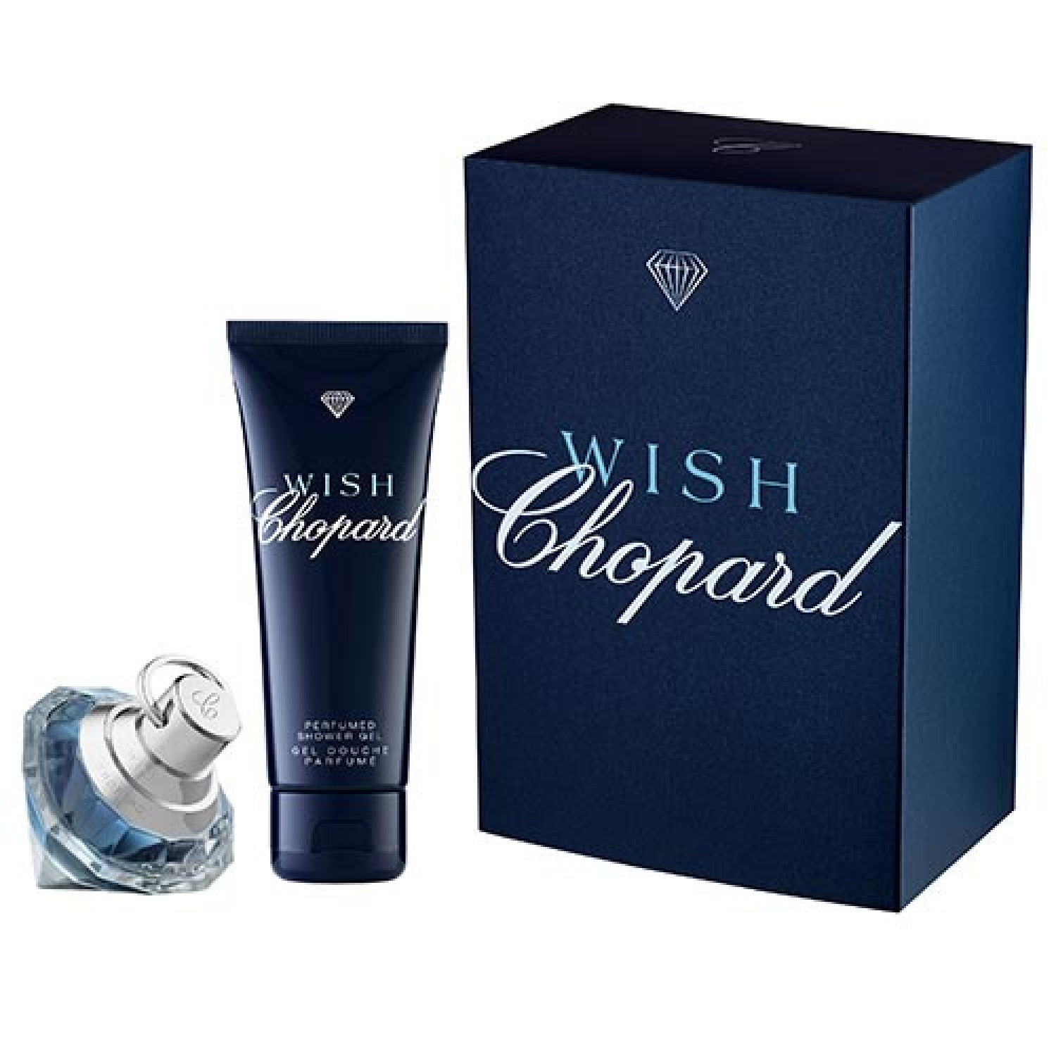 Geschenkset mit Parfumflakon, Duschgel und Schachtel. Blaue Verpackung mit Schriftzug "Wish Chopard".