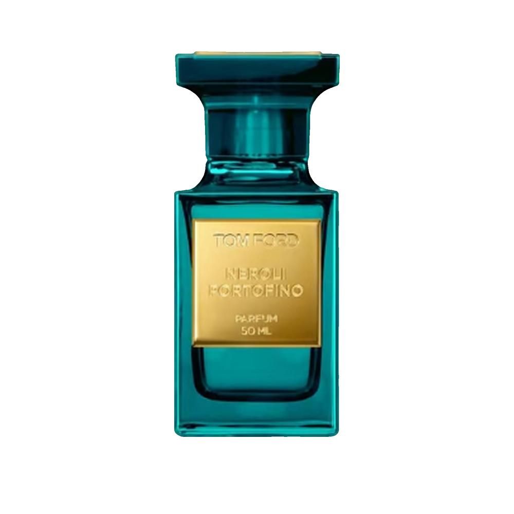 Türkisgrüner Flakon mit goldfarbenem Etikett. Aufschrift: Tom Ford Neroli Portofino Parfum. Volumen: 50 ml.