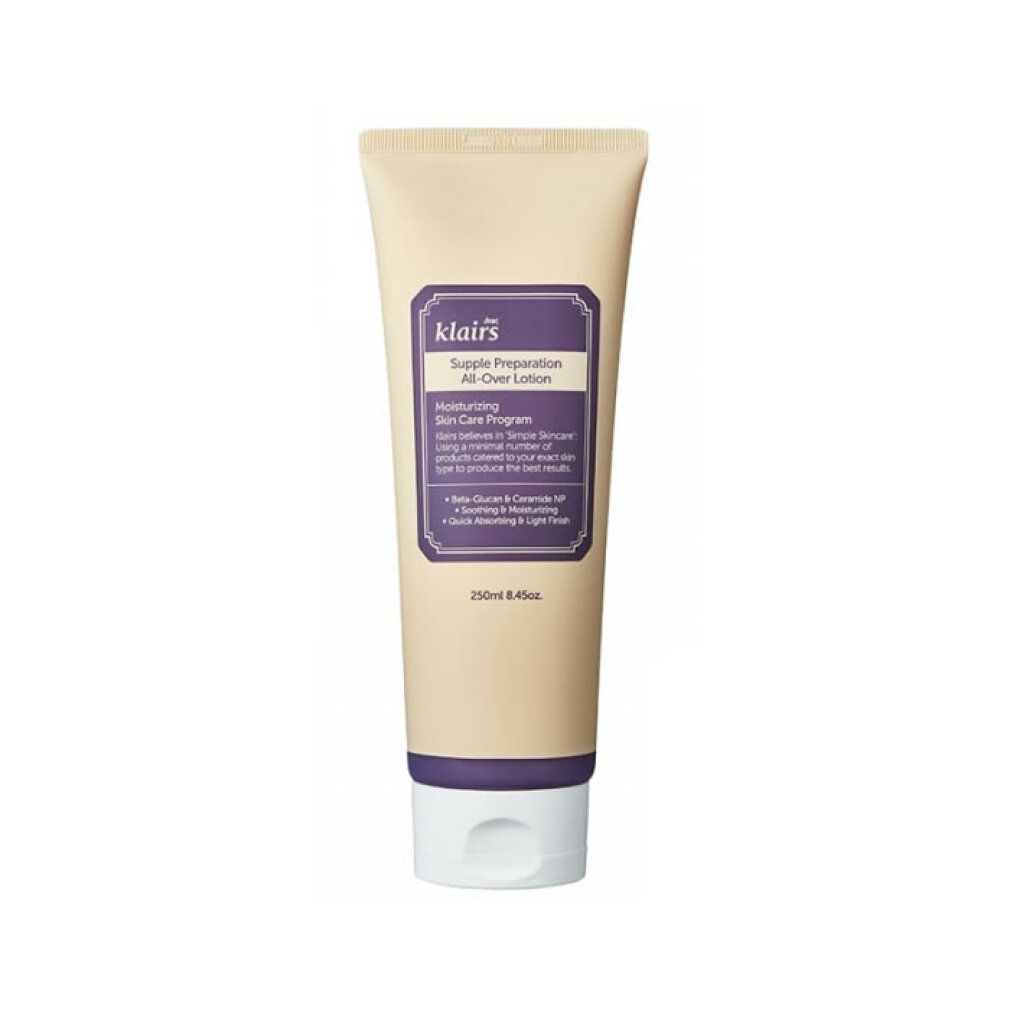 Beige Tube mit blauem Etikett. Text: klairs, Supple Preparation All-Over Lotion. 250ml.