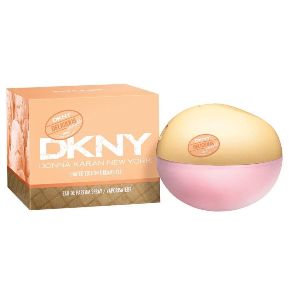 Parfümflakon und -verpackung. Flakon in Ei-Form, rosa und gelb. Verpackung in Rosa mit Markenlogo DKNY Delicious.