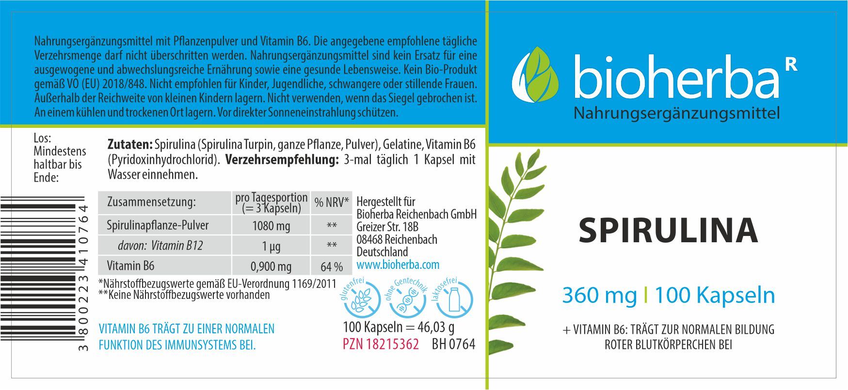 Produktetikett mit Text: Spirulina, 360 mg | 100 Kapseln. Zutaten, Verzehrempfehlung. Logo Bioherba.