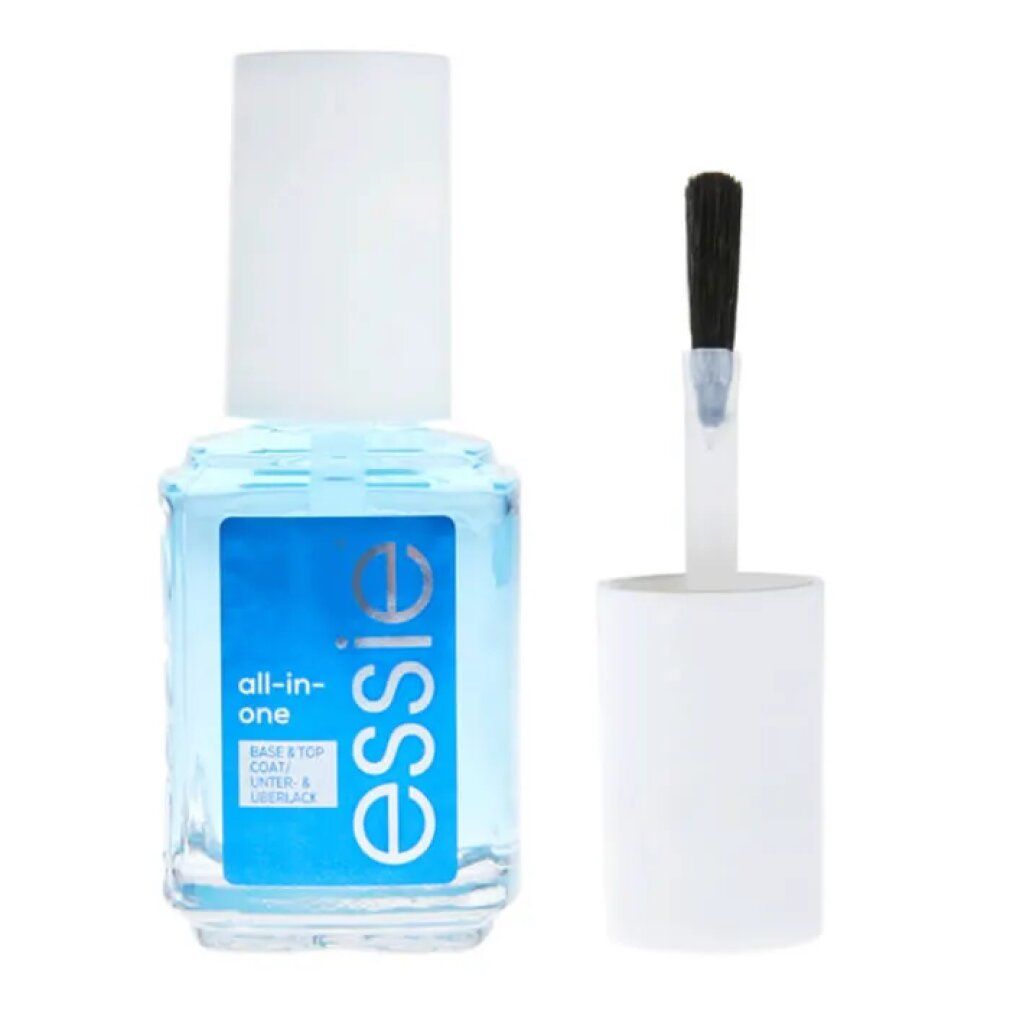 Klare Flasche mit weißem Deckel und Pinsel. Blaues Etikett mit "essie all-in-one" und Logo.