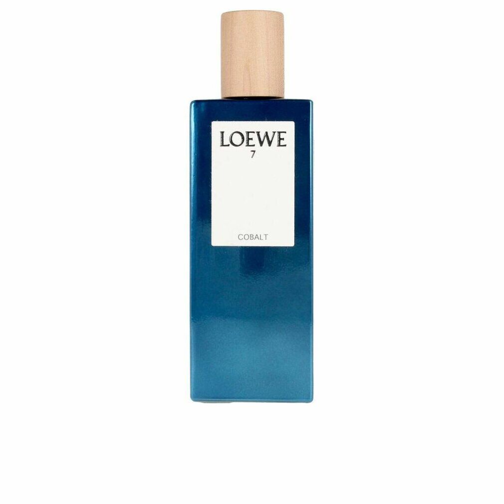 Loewe 7 Cobalt Eau de Parfum Spray. Blaue, rechteckige Flasche mit Holzverschluss und weißem Etikett. Produktbezeichnung.
