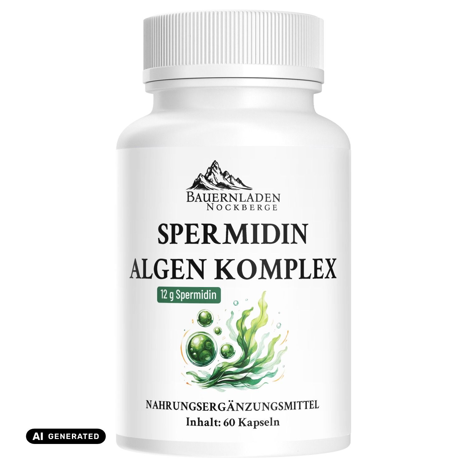 Weiße Kapsel mit Spermidin Algen Komplex, 60 Kapseln. Nahrungsergänzungsmittel mit Algen.