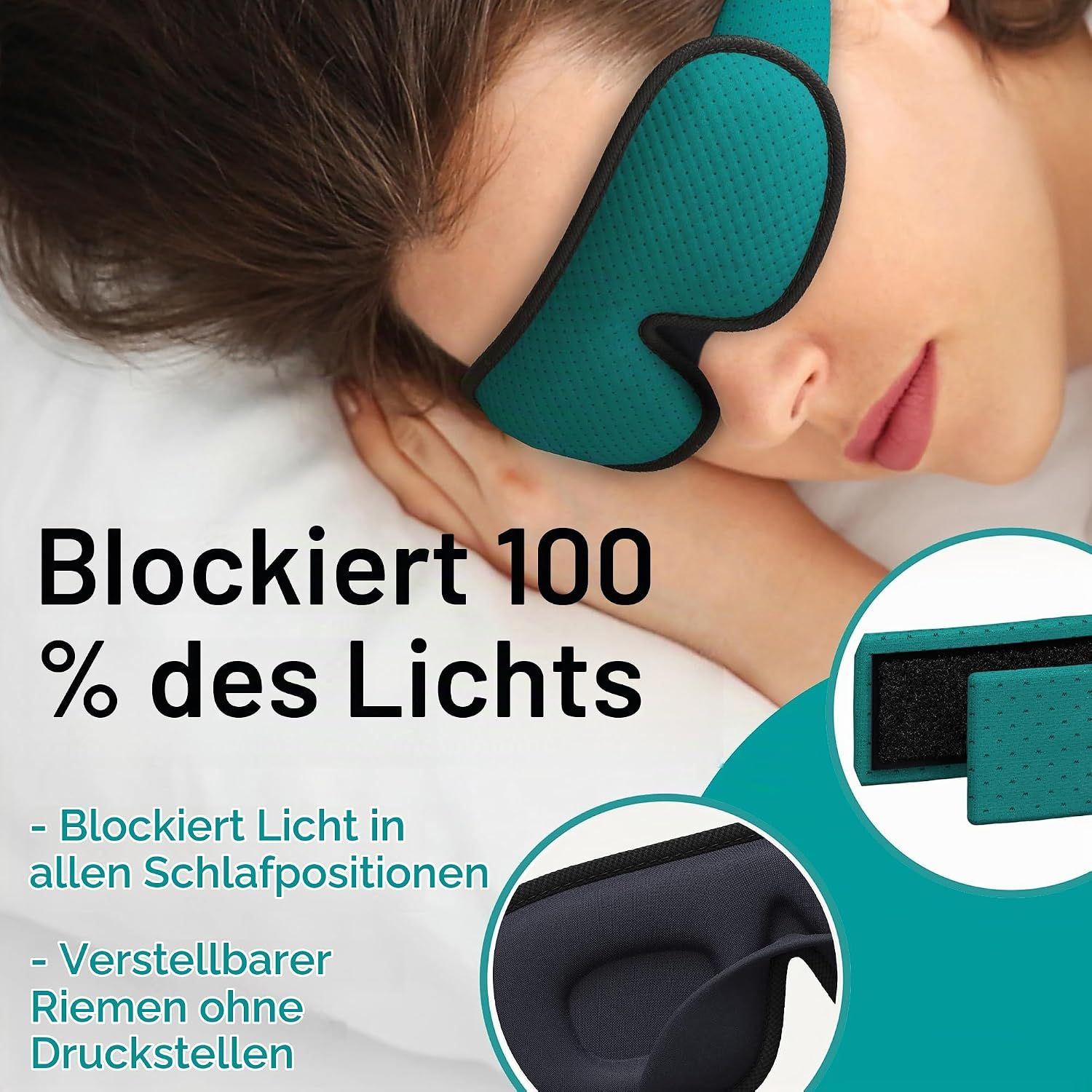 Frau mit Schlafmaske, die 100% des Lichts blockiert.