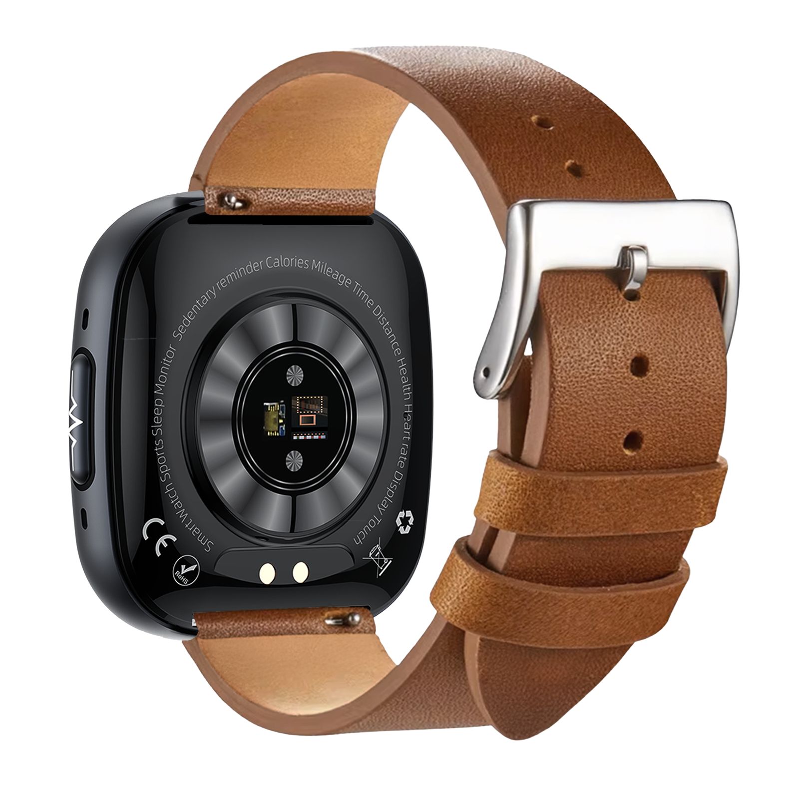 Rückseite einer Smartwatch mit braunem Lederarmband. Sensoren und CE-Zeichen sichtbar.