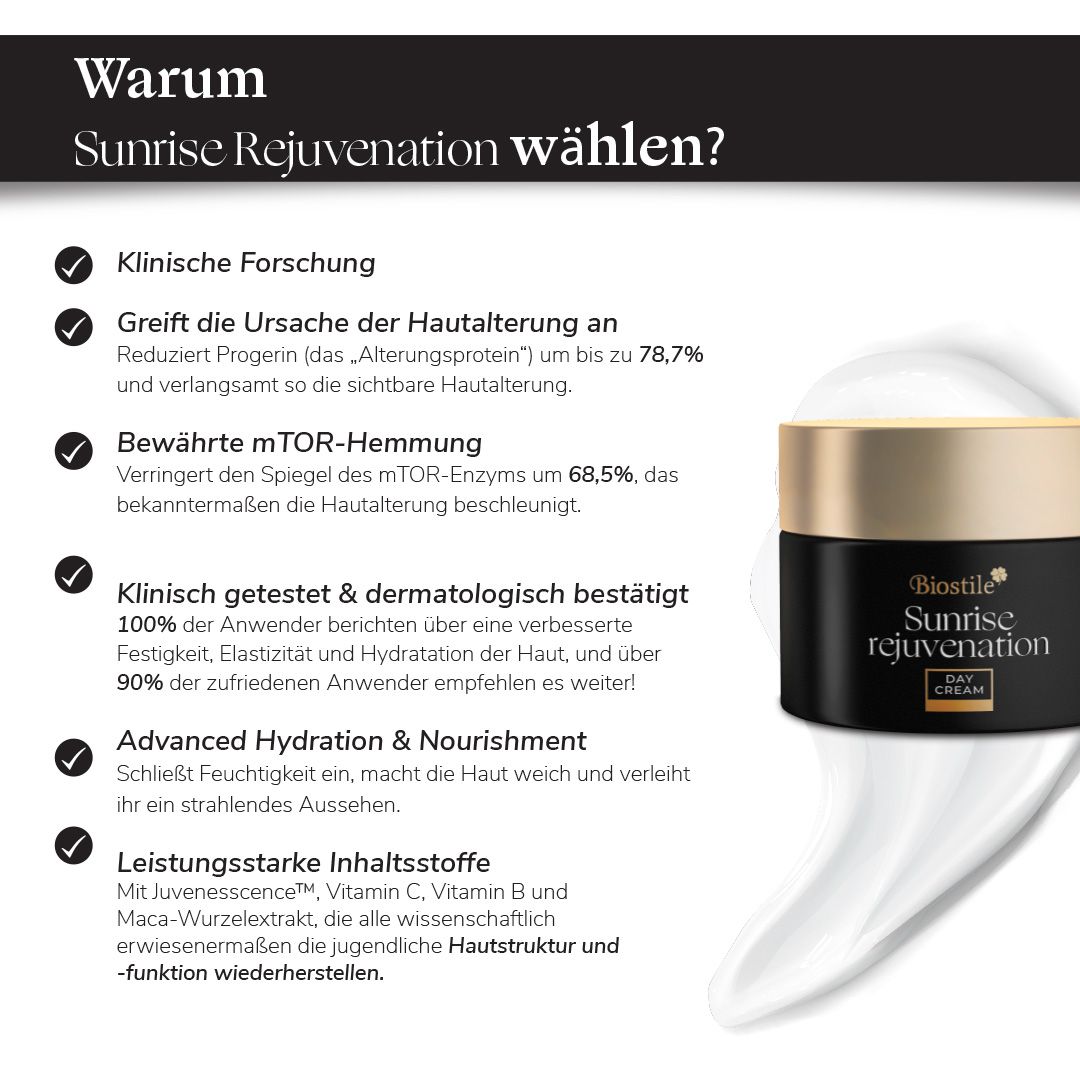 Text: Warum Sunrise Rejuvenation wählen? Auflistung von Vorteilen wie klinische Forschung und verbesserte Haut.