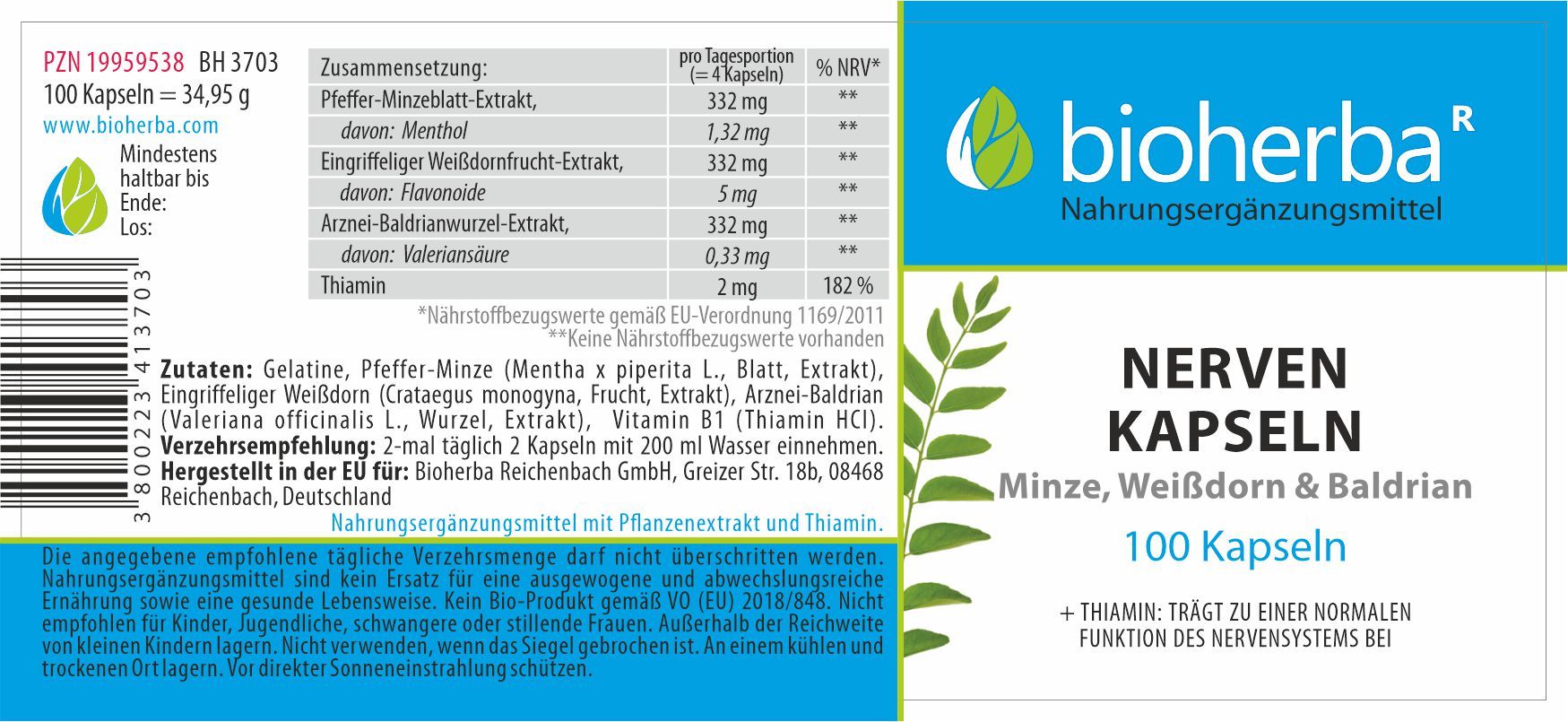 Etikett mit Produktinformationen. Enthält Produktnamen: Nerven Kapseln. Marke: Bioherba. Inhaltsstoffe und Nährwertangaben.