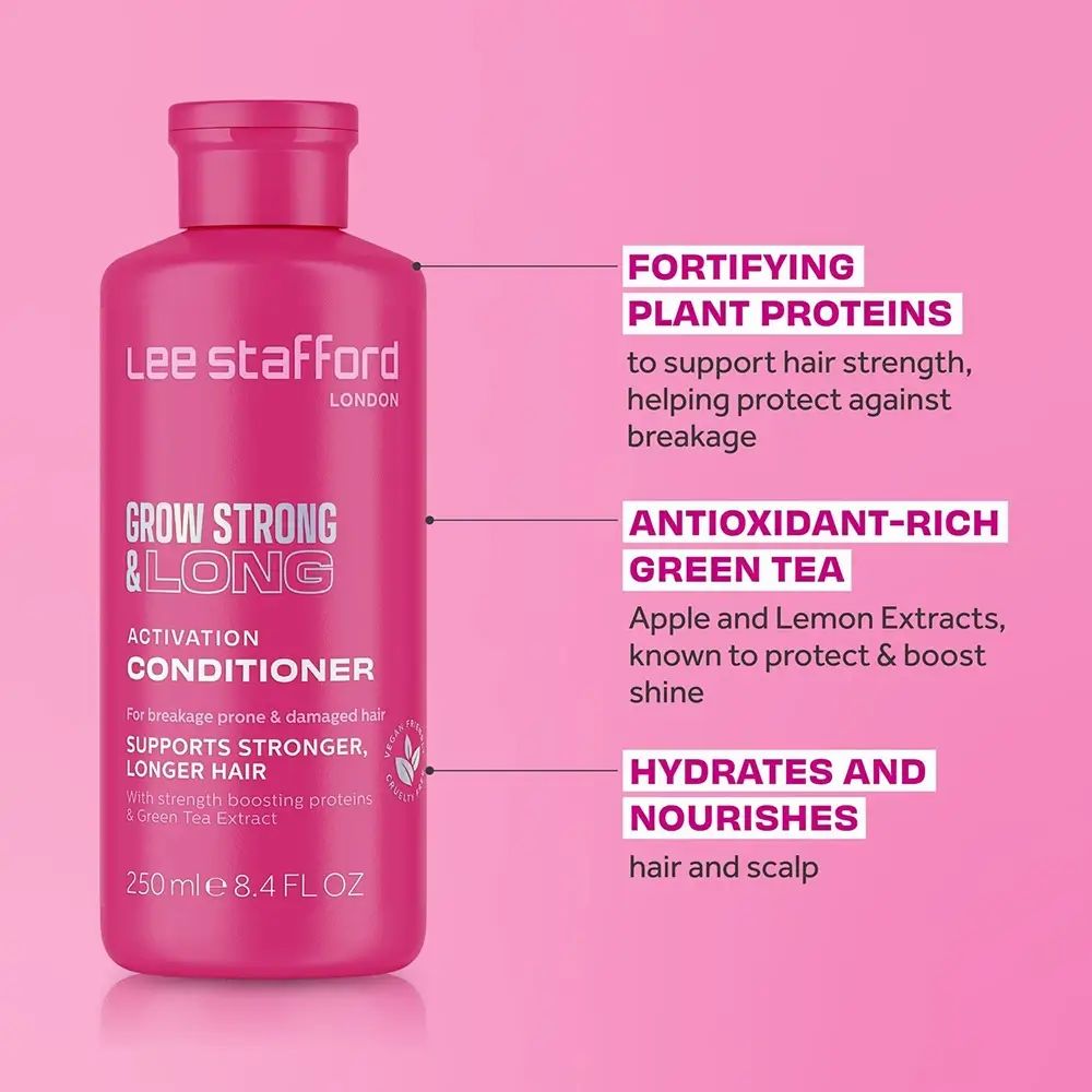 Rosa Flasche, Conditioner, Text: Grow Strong & Long, Lee Stafford. Zusätzlicher Text: 250 ml 8.4 FL OZ.